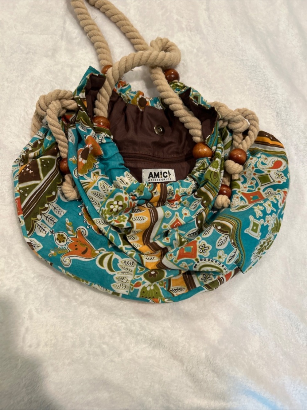 Boho Quilted Rope-Handle Drawstring Tote in Teal Floral - Picture 2 of 7
